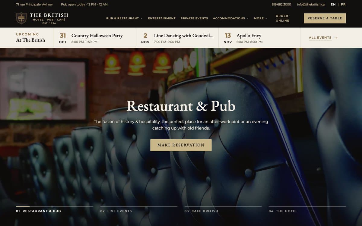 Home page of The British, showing the restaurant and pub in Old Aylmer