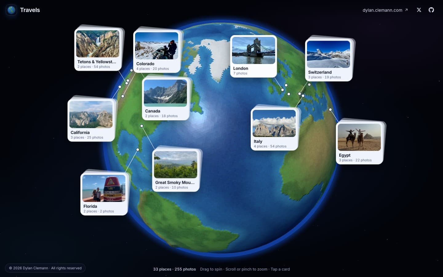 Travels, an interactive globe with photo cards from trips around the world
